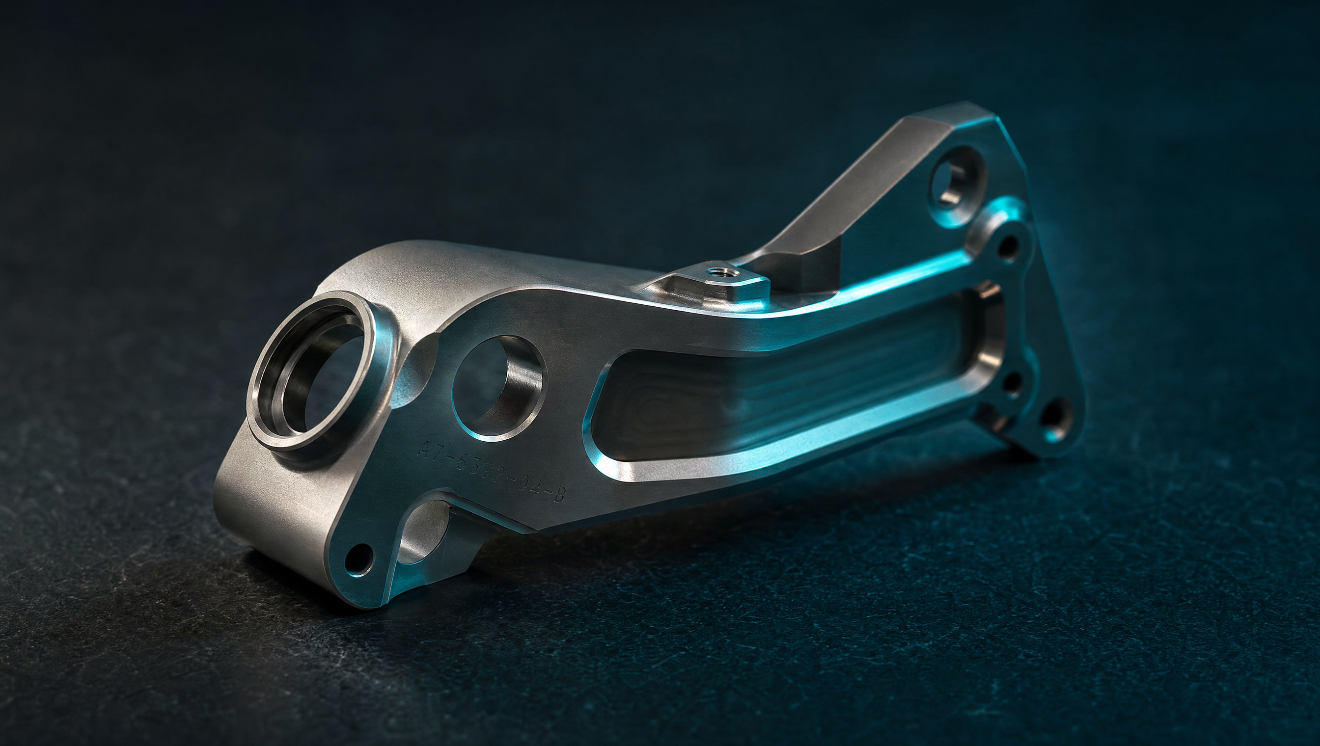A precision-machined aluminum aerospace bracket on a dark slate workbench, dramatic side lighting